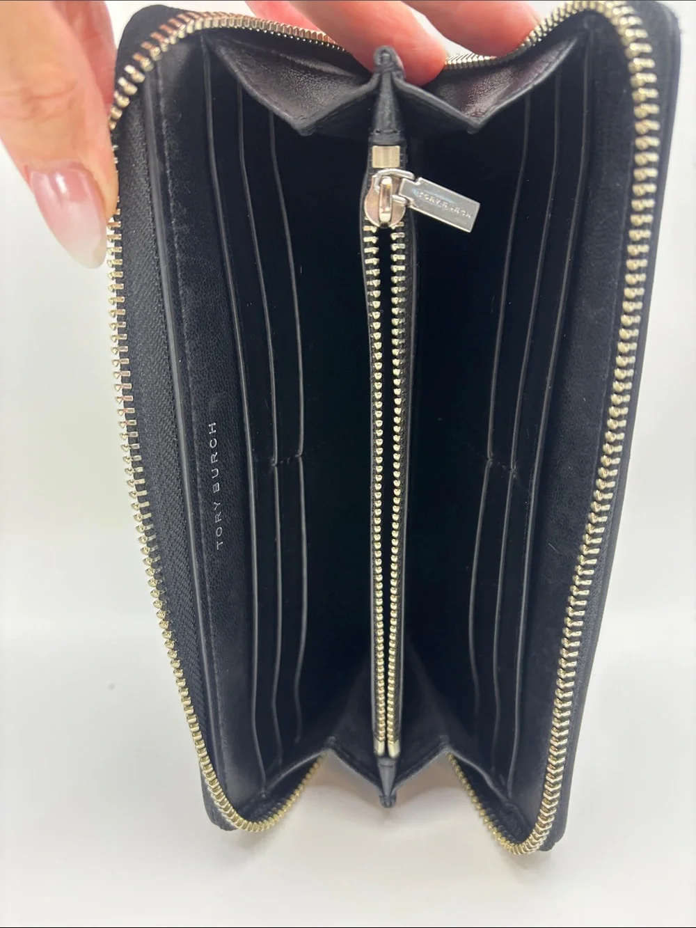 Tory Burch Black Quilted Zip Wallet with Silver Logo